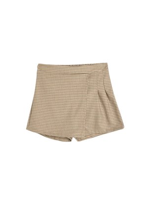 Shorts beige à carreaux avec une taille élastique et des plis. Fabriqués dans un tissu doux, présentant un motif à quadrillage sur l'ensemble.