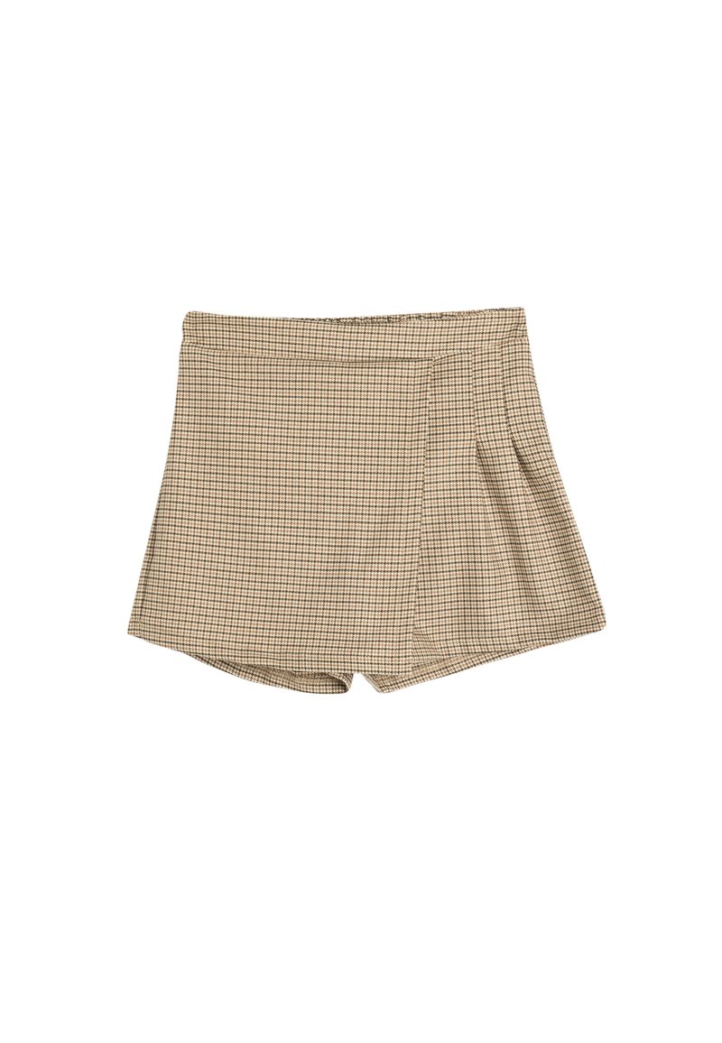 Gecontroleerde beige shorts met een elastische tailleband en geplooide details. Gemaakt van een zachte stof, met een ruitpatroon over het geheel.