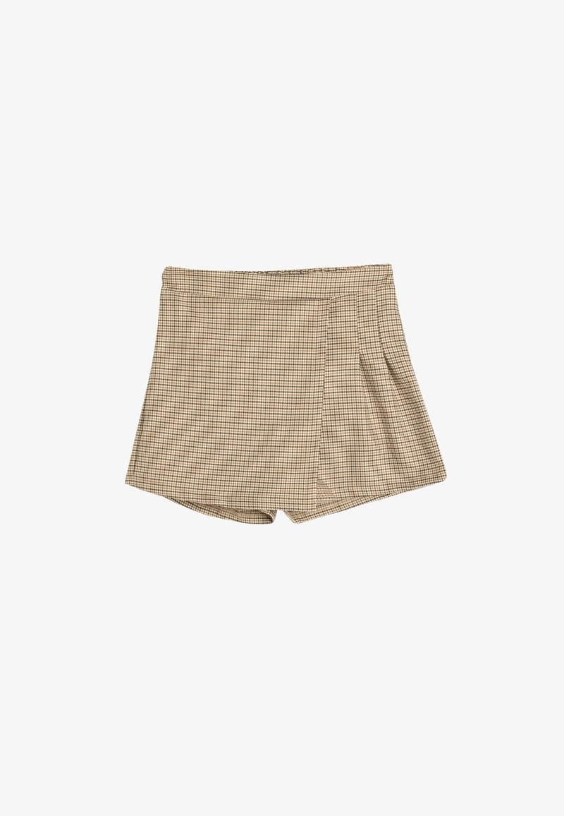 Vaaleanbeige tarkastetut shortsit, joissa on elastinen vyötärö ja pleatitykset. Valmistettu pehmeästä kankaasta, jossa on ruutumainen kuvio.