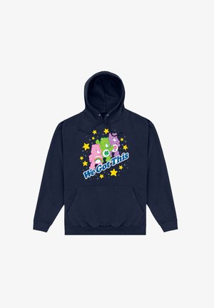 Navyblauer Kapuzenpullover aus Baumwolle, mit einer vorderen Kängurutasche, Grafik von Cartoonbären und dem Text "We Got This" mit Sternakzenten.
