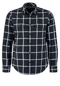 Chemise noire à manches longues avec boutons, motif à carreaux blancs en fenêtre et deux poches avant à rabat avec boutons.