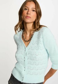 Cardigan azzurro chiaro con motivo a zigzag, realizzato in materiale morbido e soffice. Ha scollatura a V, chiusura con bottoni e maniche a tre quarti.