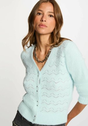 Cardigan azzurro chiaro con motivo a zigzag, realizzato in materiale morbido e soffice. Ha scollatura a V, chiusura con bottoni e maniche a tre quarti.