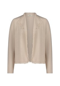 Cardigan beige avec un col châle et des franges le long des bords. Fabriqué dans un matériau doux, il dispose de manches trois-quarts et d'une ouverture sur le devant.