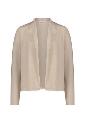 Cardigan beige avec un col châle et des franges le long des bords. Fabriqué dans un matériau doux, il dispose de manches trois-quarts et d'une ouverture sur le devant.
