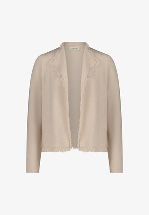 Beiger Cardigan mit einem Schalkragen und Fransenverzierungen entlang der Kanten. Hergestellt aus weichem Material, mit Drei-Viertel-Ärmeln und offenem Front.