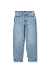 Jeans de mezclilla azul claro con un corte relajado, diseño de cinco bolsillos y costuras visibles. Cuenta con un clásico cierre de botón y cremallera.