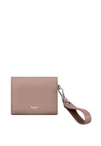 Leather wallet in soft pink with a textured finish. Features a silver hardware clip and a wrist strap for easy carrying.