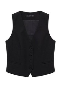 Zwarte mouwloze getailleerde gilet met V-hals, vier bedekte knopen aan de voorkant en twee horizontale schuifzakken ter hoogte van de taille.