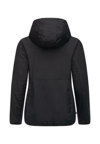 Črna podložena jakna s kapuco, dolge rokave in gladko teksturo. Oblikovanje hrbta vključuje vodoravno šiv v srednjem delu.