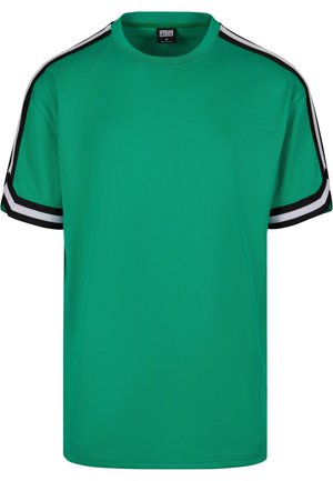 Grøn kortærmet T-shirt lavet af åndbart mesh-stof, med sort og hvide striber på ærmerne og en klassisk rund halsudskæring.