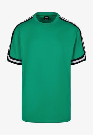 Žalias trumpomis rankovėmis marškinėliai, pagaminti iš pralaidaus orui tinklinio audinio, su juodai baltais dryžiais ant rankovių ir klasikinėmis apvalios kaklo išpjovomis.