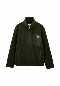 Dark green fleece pullover with high collar, half-zip front, zippered chest pocket with logo patch, and two side pockets.