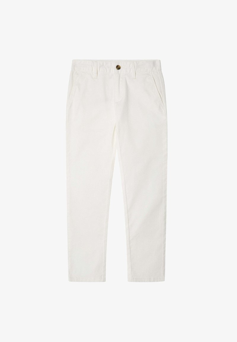 Pantaloni di cotone bianchi con vestibilità dritta, dotati di chiusura con bottone frontale, tasche laterali e linee pulite senza ulteriori decorazioni.