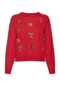 Czerwony sweter z cekinowymi choinkami, płatkami śniegu i cukierkami w kształcie lasek. Żebrowany okrągły dekolt i długie rękawy w skróconym fasonie.