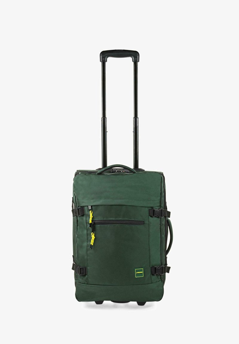 Maleta de tela verde con dos mangos telescópicos negros, un bolsillo frontal con cremallera y tiradores de cremallera amarillos. Cuenta con correas de compresión laterales.