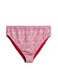 Swimsuit bottom, floral pattern in pink, purple, and red, with ruffled waistband and solid red lining, in a typical bikini cut design.