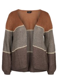 Cárdigan de punto con cuello en V, abertura en frente y mangas largas. Bloques de color en marrón, gris y crema con un acabado texturizado. Corte relajado.