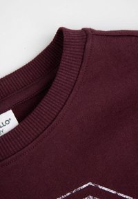 Burgundowy sweatshirt z okrągłym dekoltem, z prążkowanym kołnierzem, o miękkiej fakturze, z grafiką w kolorze białym i metalicznymi akcentami.