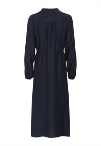 Tmavomodré šaty s dlhými puff rukávmi, volánkovým výstrihom, prešívanou zádnou časťou a voľným strihom, vyrobené z ľahkej látky.