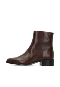 Brown leather ankle boot with a smooth finish, pointed toe, and a low square heel. Minimalist design with no embellishments.