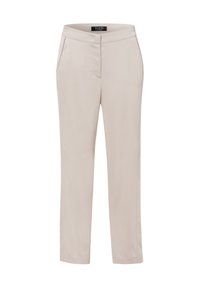 Beige broek met een gladde textuur, een toegespitste pasvorm, twee voorzakken en een recht gesneden ontwerp. De tailleband is afgewerkt met een subtiele stiklijn.