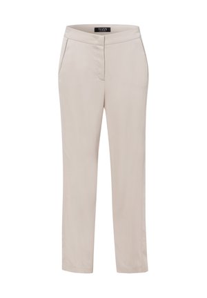 Beige trousers with a smooth texture, tailored fit, two front pockets, and a straight leg design. The waistband is finished with a subtle top-stitch.