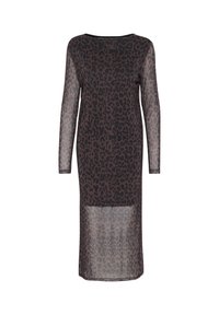Long-sleeved dress in sheer black fabric with a leopard print pattern. Features a round neckline and a straight silhouette. Mid-calf length.