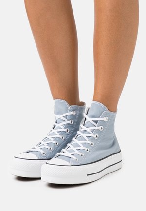 Sneakers alta in tela azzurra chiara con lacci bianchi e suole in gomma, caratterizzate da una striscia nera lungo la suola e una punta testurizzata.