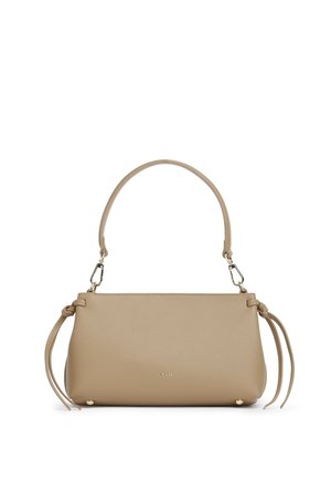 Borsa a tracolla in pelle color cuoio con ferrature dorate, tracolla staccabile, dettagli a nodo sui lati e piccolo nome del marchio impresso al centro della parte anteriore.