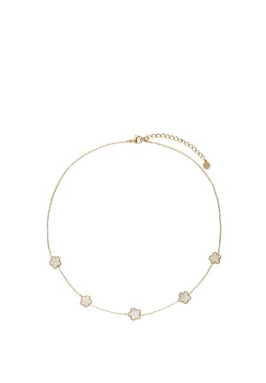 Collier délicat en chaîne d'or avec cinq petits charms blancs en forme de trèfle à quatre feuilles, espacés uniformément autour.