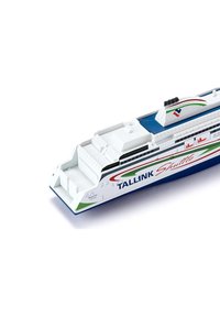 Model ferry in white with green and red accents, featuring a blue top deck, detailed hull, and "TALLINK Shuttle" branding on the side.