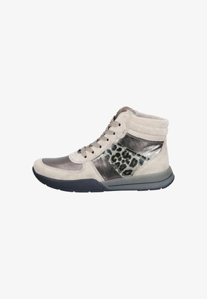 High-top sneakers in beige suede with metallic accents and a leopard print panel. Features flat laces and a textured rubber sole.