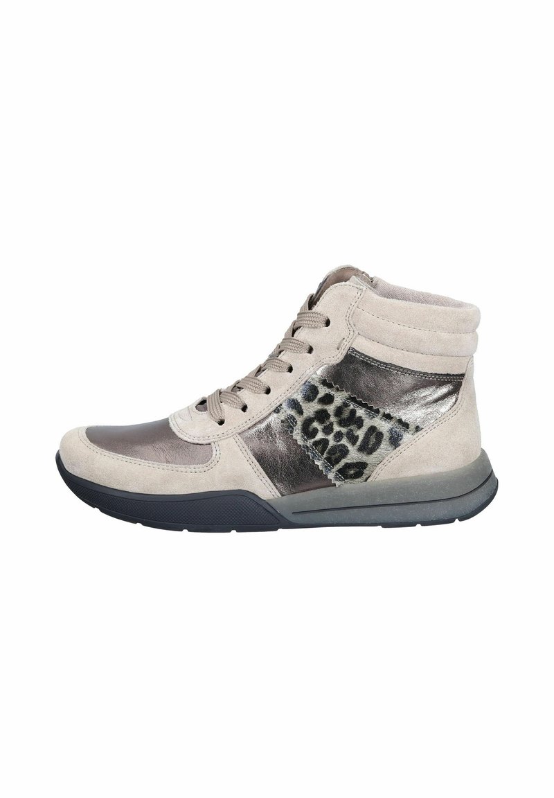 High-top sneakers in beige suede with metallic accents and a leopard print panel. Features flat laces and a textured rubber sole.