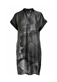 Rochie lejeră neagră și gri până la genunchi, cu mâneci scurte, guler mandarin și imprimeu floral abstract acuarelă pe față.