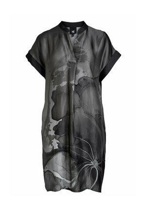 Abito largo nero e grigio fino al ginocchio con maniche corte, colletto alla coreana e stampa floreale astratta in acquerello sul davanti.
