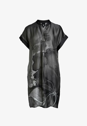 Laza, fekete és szürke, térdig érő ruha rövid ujjakkal, mandarinkarral, elülső részén absztrakt virágos akvarell mintával.
