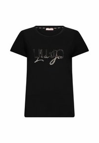 Zwarte katoenen T-shirt met korte mouwen, voorzien van een sprankelende "Liu Jo" logo in zilver en metallic accenten aan de voorkant.