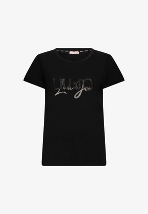 T-shirt noir en coton à manches courtes, ornée d'un logo "Liu Jo" scintillant en argent et d'accents métalliques sur le devant.