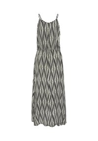 Black and white patterned dress with a fitted waist, thin straps, and a flowing silhouette featuring leaf-like designs in a geometric arrangement.