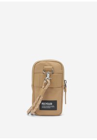Custodia per telefono in tessuto riciclato beige con chiusura a zip, anello superiore, tasca frontale e tracolla a pois. Presenta un'etichetta nera con la scritta "RICICLATO".