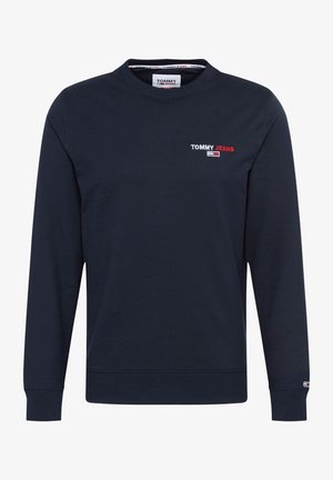 Navyblauer Sweatshirt mit Rundhalsausschnitt und langen Ärmeln, mit kleinem "Tommy Jeans" Logo und Flaggenemblem auf Brust und Ärmelbündchen.