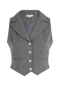 Gilet grigio su misura con colletto sciallato, cinque bottoni e due tasche frontali. Realizzato in tessuto testurizzato, con una fodera interna liscia.