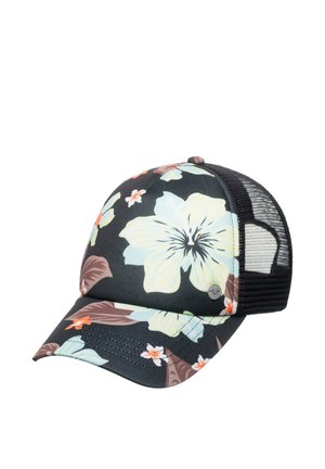Schwarze Baseballkappe aus Netzmaterial mit großen blassgelben und blauen Hibiskusblüten und kleineren orangefarbenen und weißen Blumen.