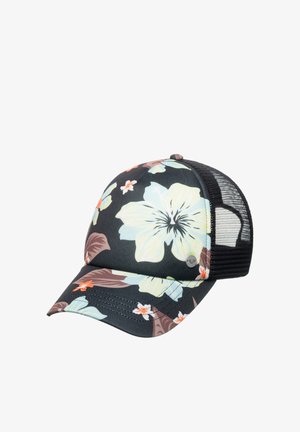 Schwarze Baseballkappe aus Netzmaterial mit großen blassgelben und blauen Hibiskusblüten und kleineren orangefarbenen und weißen Blumen.