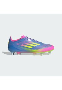 Blue and pink soccer cleat with a gradient design, lightweight synthetic material, and six metallic studs for traction.