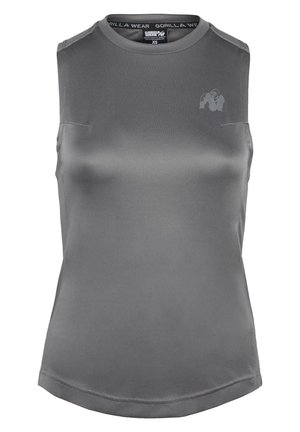 Grijze mouwloze sporttop, gladde stof, ronde halslijn, subtiele zijnaad en een vage logo-accent op de borst.