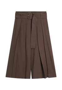 Hnědá plisovaná sukně s vysokým pasem, doplněná pásem ze stejné látky a obdélníkovou sponou, délka po střed stehen se strukturovanými záhyby.