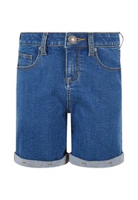 Jeansshorts i medelblått, med uppvikta fållar, femficksdesign, kontrasterande sömmar och en silverknapp som stängning.