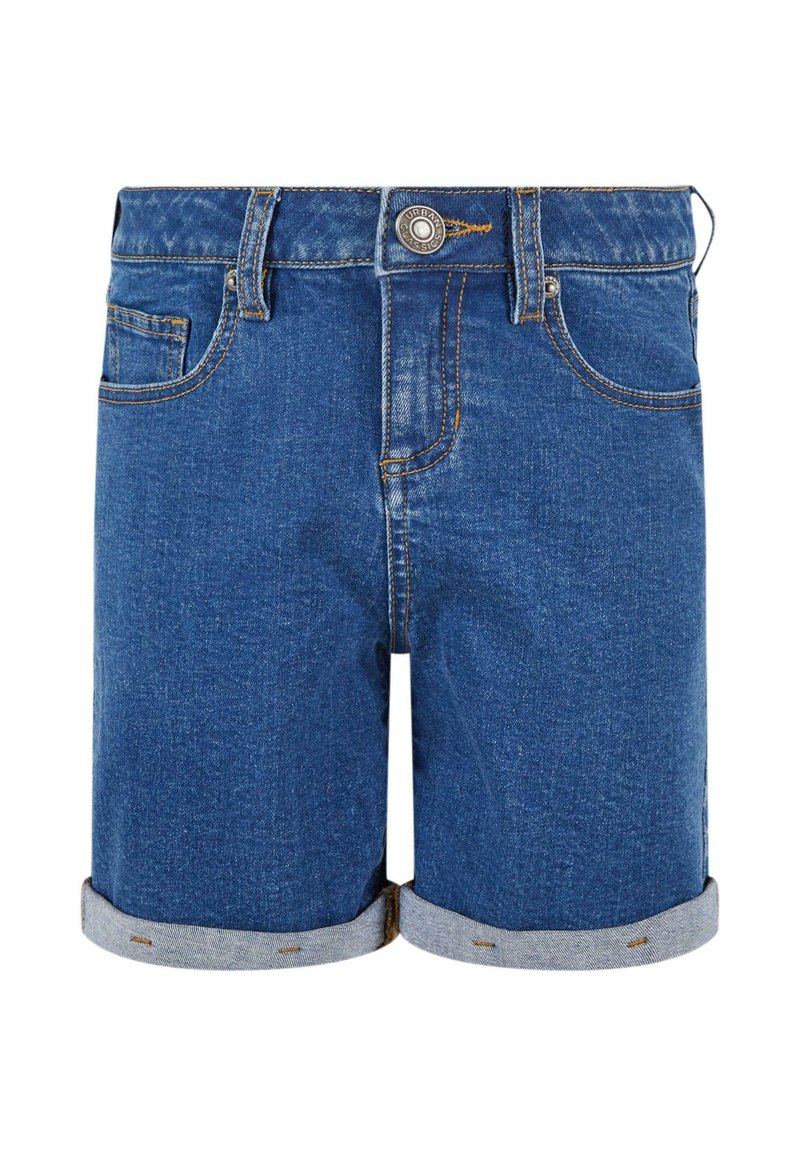 Jeansshorts i medelblått, med uppvikta fållar, femficksdesign, kontrasterande sömmar och en silverknapp som stängning.